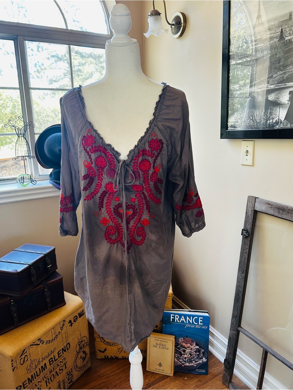 Johnny Was Gray Tunic with Fuchsia and Red Embroidery